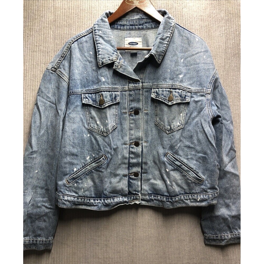 Old Navy Jean Jacket Womens XL Distressed Paint Splatter Denim Grunge Artsy Y2K